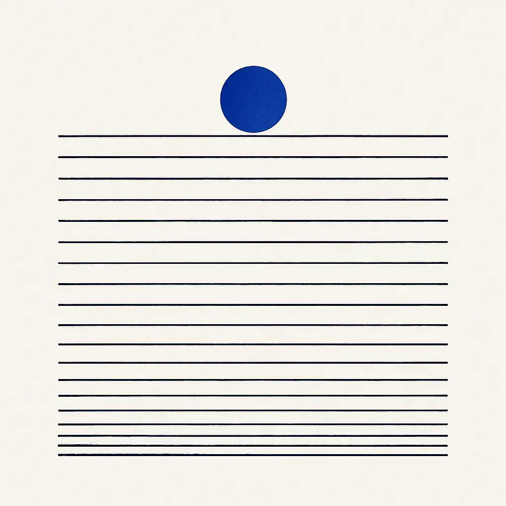 A field of horizontal ink rules, densely packed at the bottom and opening out toward the top, with a single small blue circle resting on the widest line.