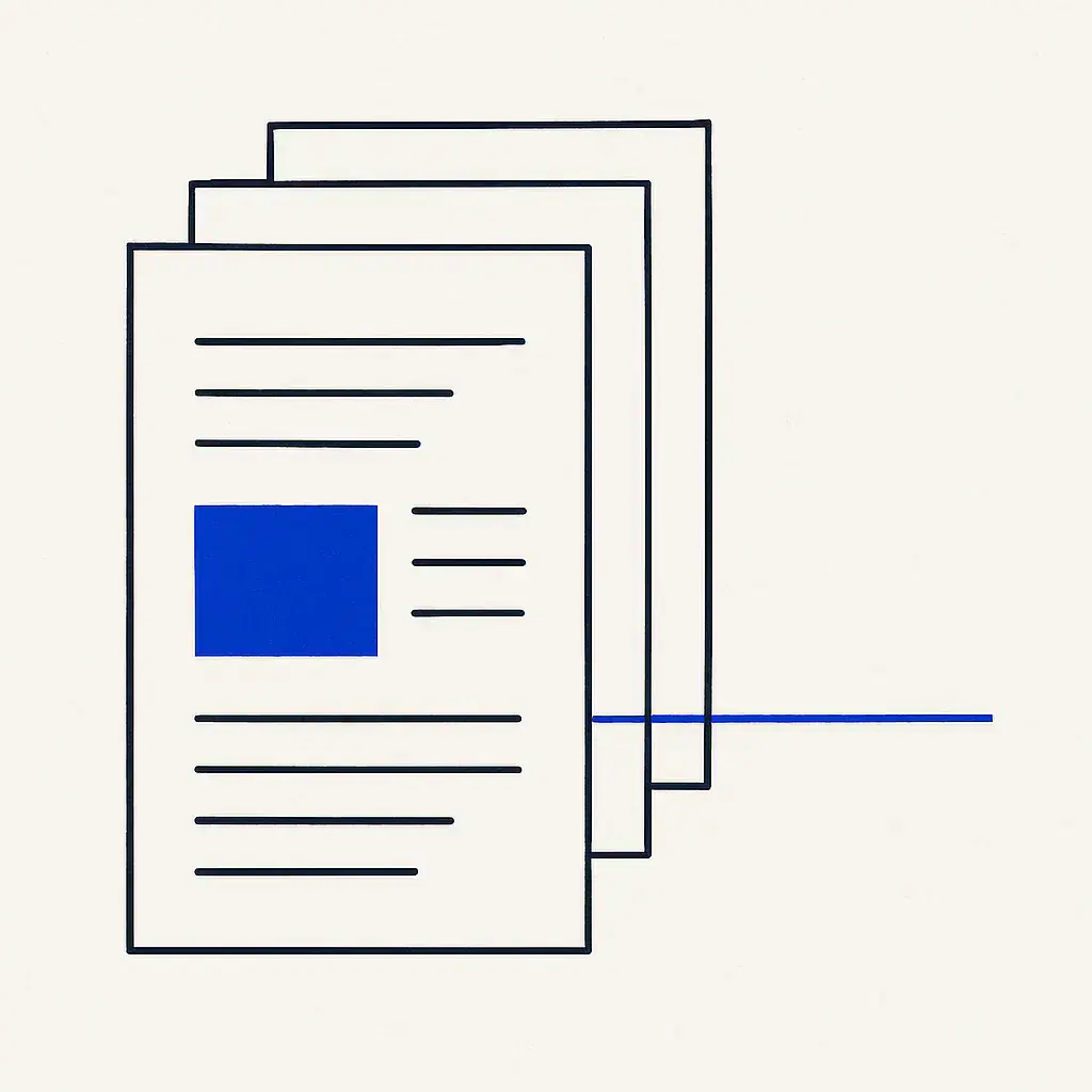 Three outlined sheets of paper fanned in a stack; the front sheet carries a solid blue block where a quotation sits, and a single blue rule runs from it out to the edge of the page.