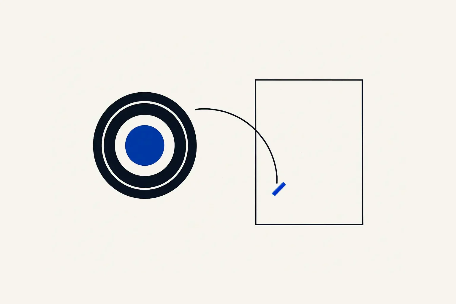 A camera lens on the left, drawn as concentric rings around a solid blue center, faces an empty outlined rectangle on the right; one clock arc crosses the gap between them and stops short.