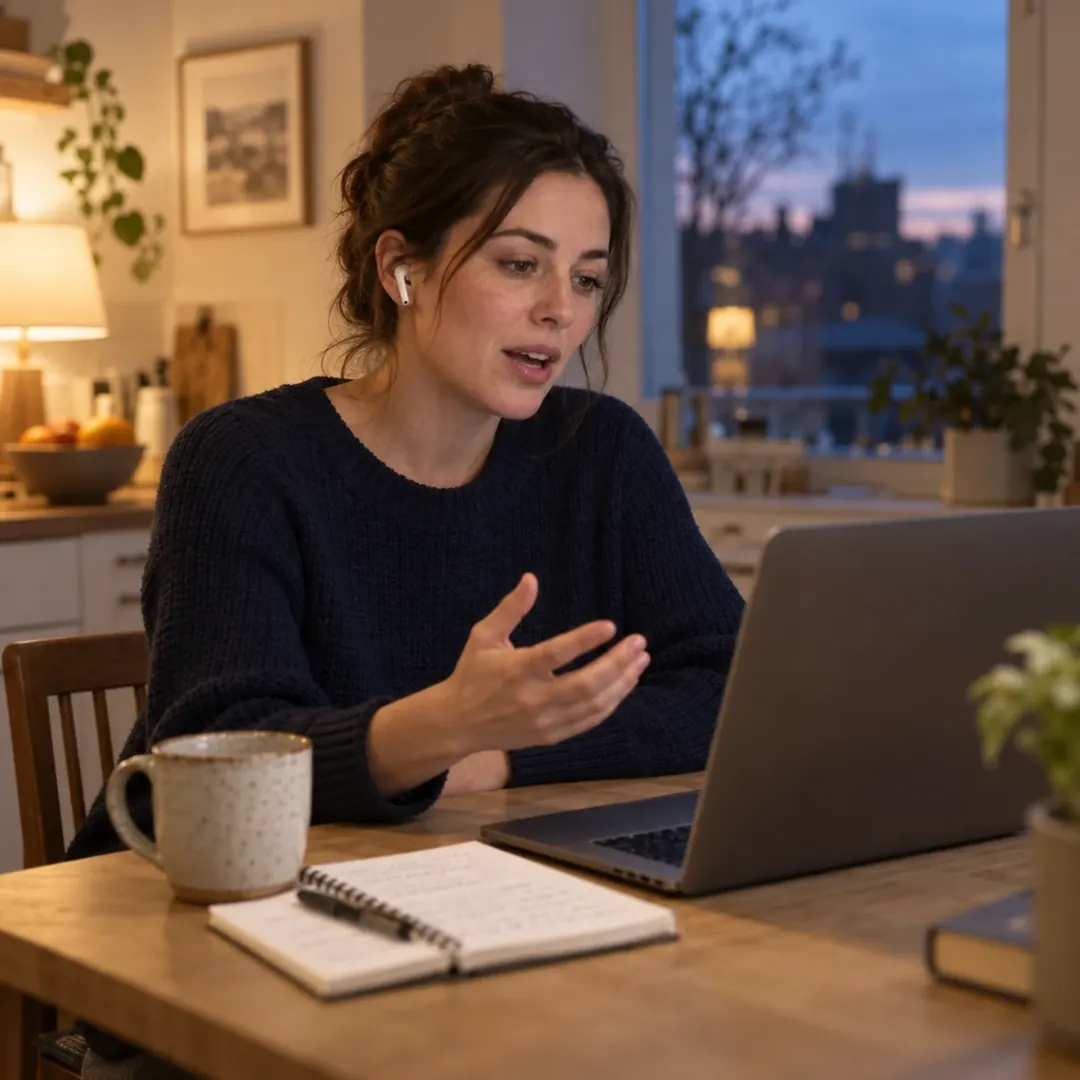 A woman at her kitchen table in the evening, answering an interview question out loud to her laptop