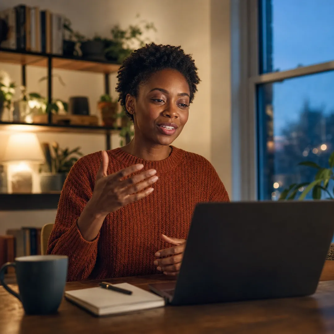 A woman in a rust sweater at her desk in the evening, introducing herself out loud to her laptop