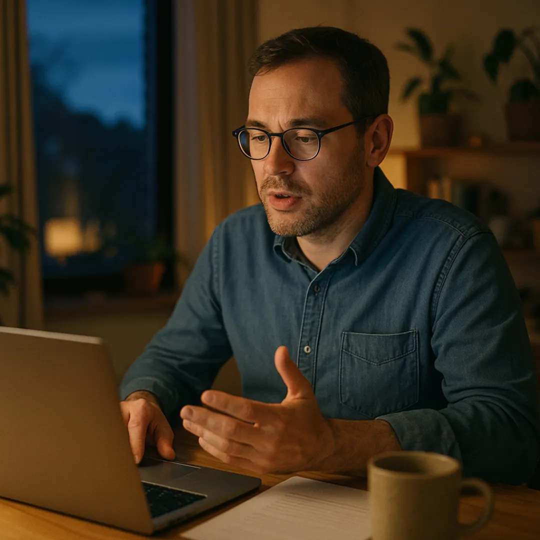 A man in his 40s with glasses and a denim shirt at a home desk in the evening, answering an interview question out loud to his laptop with a calm, focused expression, a printed page beside him
