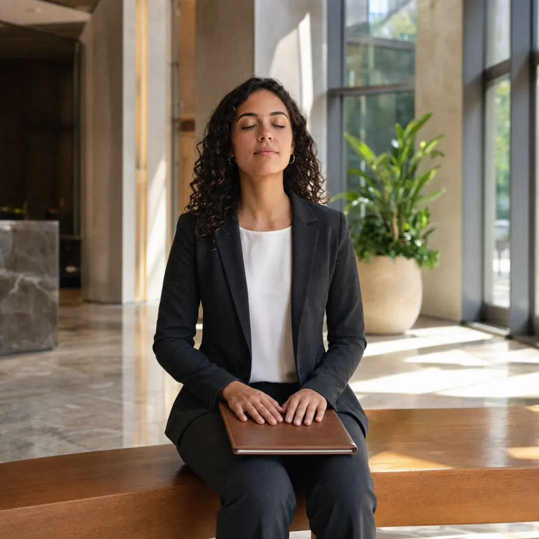 A young woman in a dark blazer sitting on a wooden bench in a sunlit office lobby before a job interview, eyes closed, taking a slow breath with her hands resting on a leather portfolio