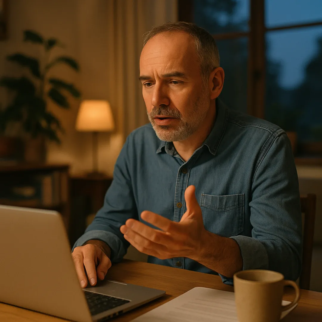 A man in his 50s with a trimmed gray beard and a denim shirt at a wooden desk in the evening, telling a story out loud to his laptop with one hand raised mid-sentence