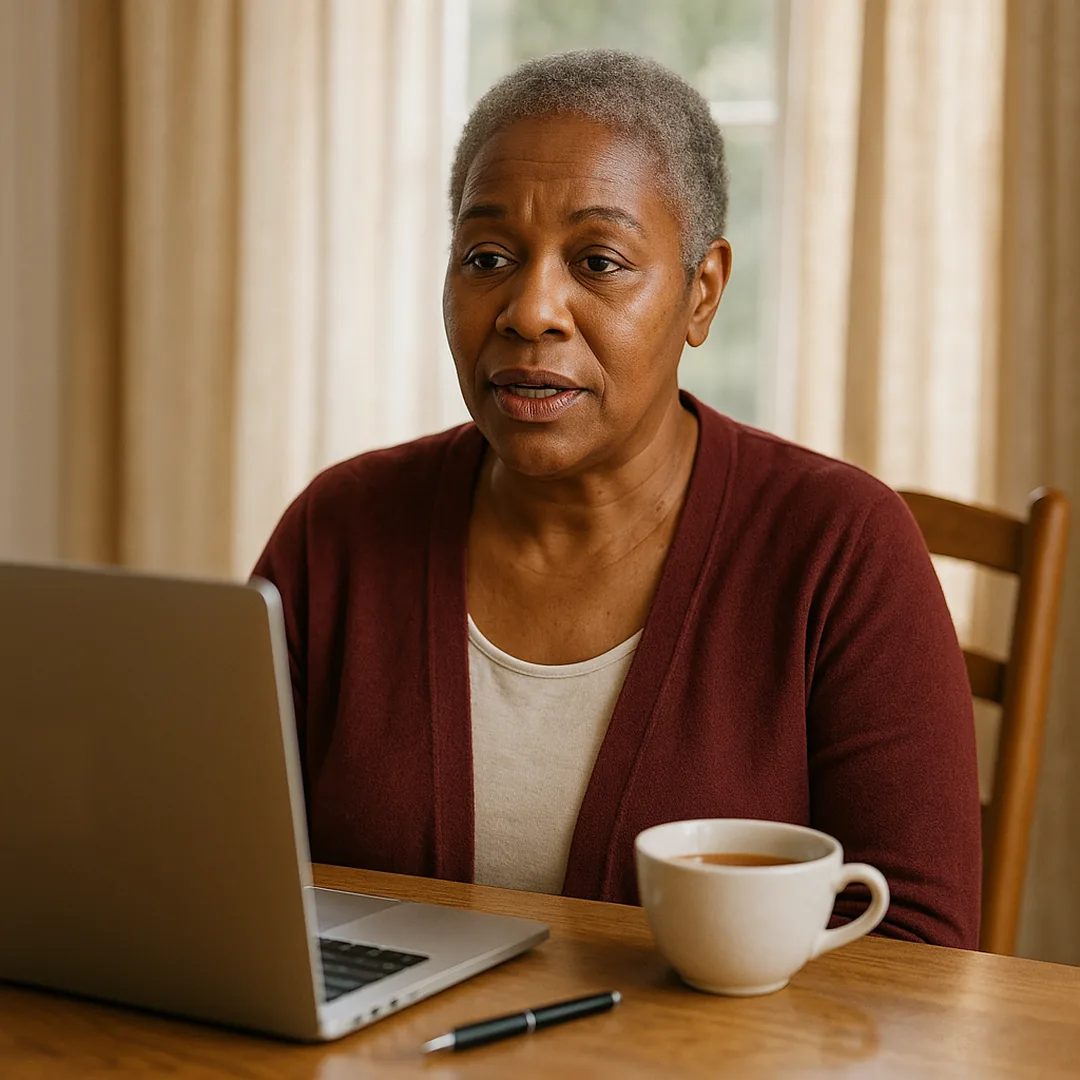 A woman in her 50s with short gray hair and a burgundy cardigan at a wooden table, speaking to her laptop with a steady expression, a cup of tea and a pen beside her