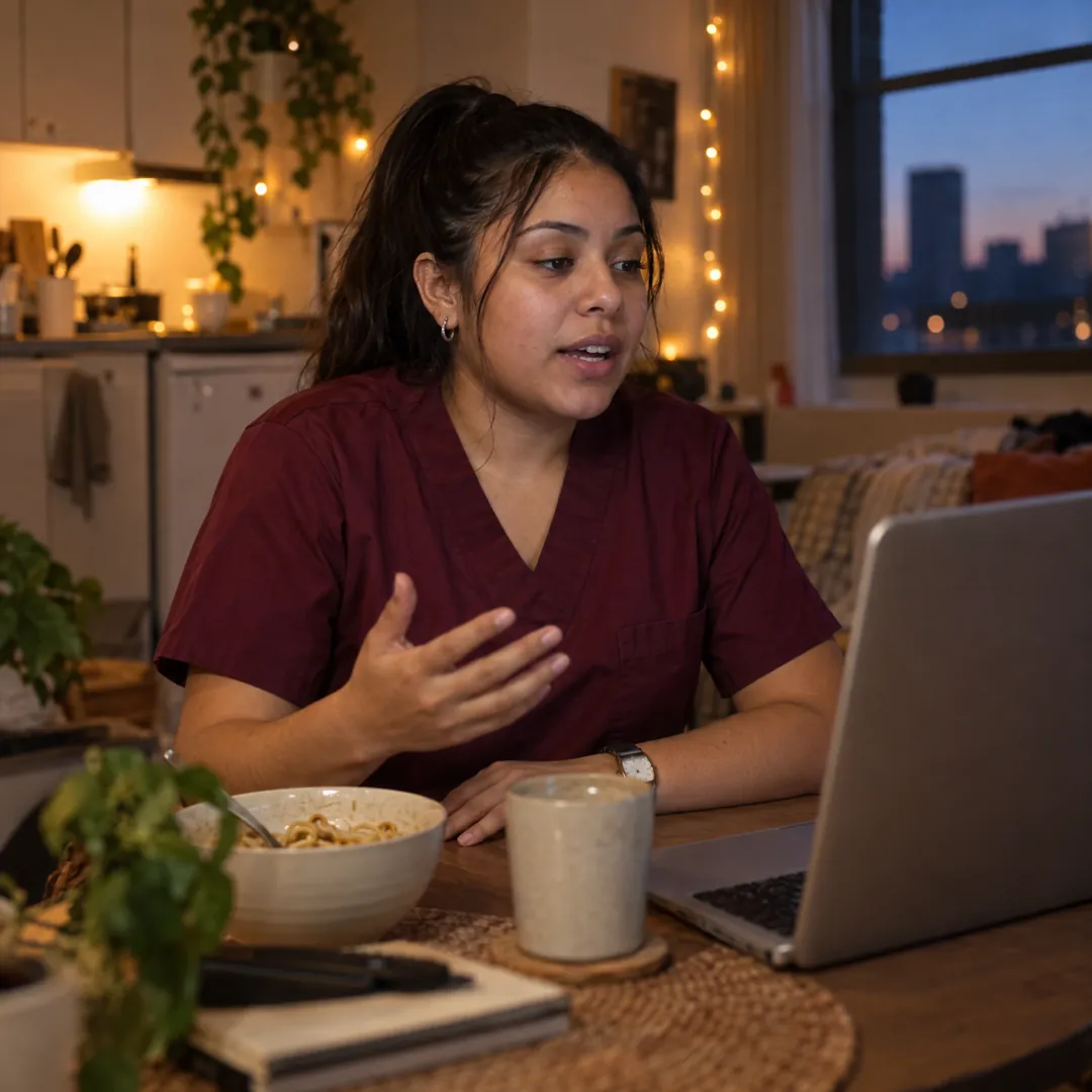 A certified nursing assistant in burgundy scrubs at a small apartment table, answering an interview question to her laptop