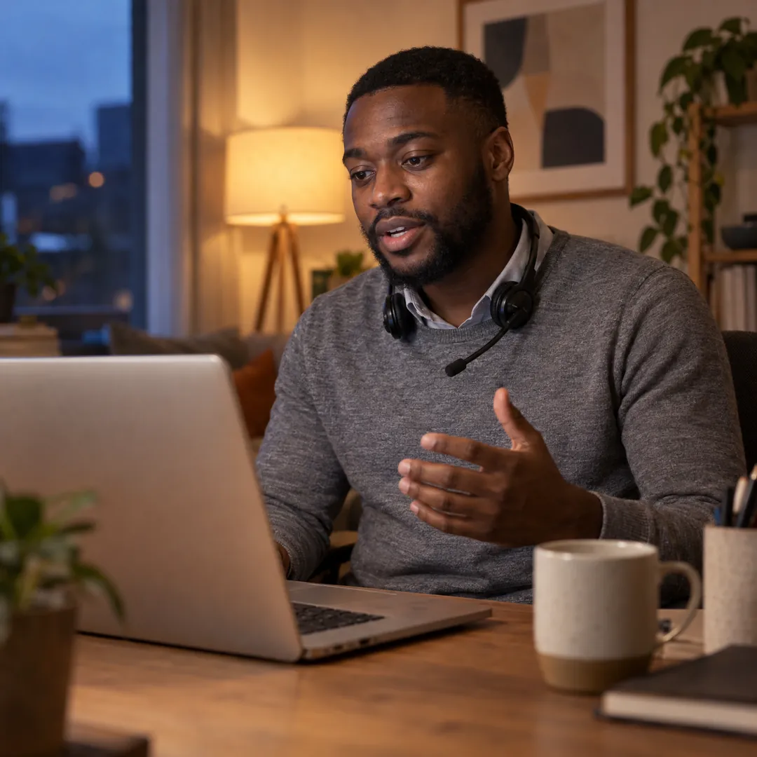A customer service rep with a headset around his neck, answering an interview question to his laptop at home