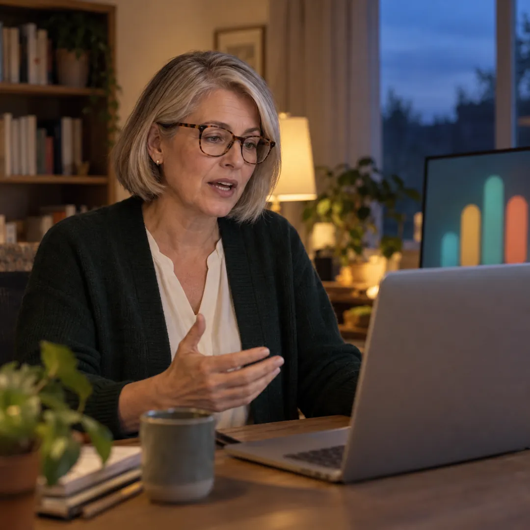 A data analyst at her home desk, colorful bars on a second monitor, answering an interview question to her laptop