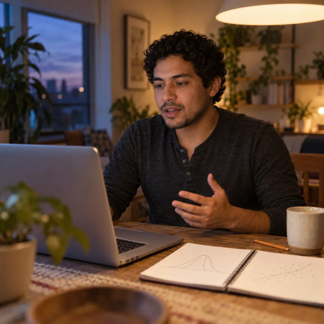 A data scientist at his dining table with hand-drawn curves in a notebook, answering an interview question to his laptop