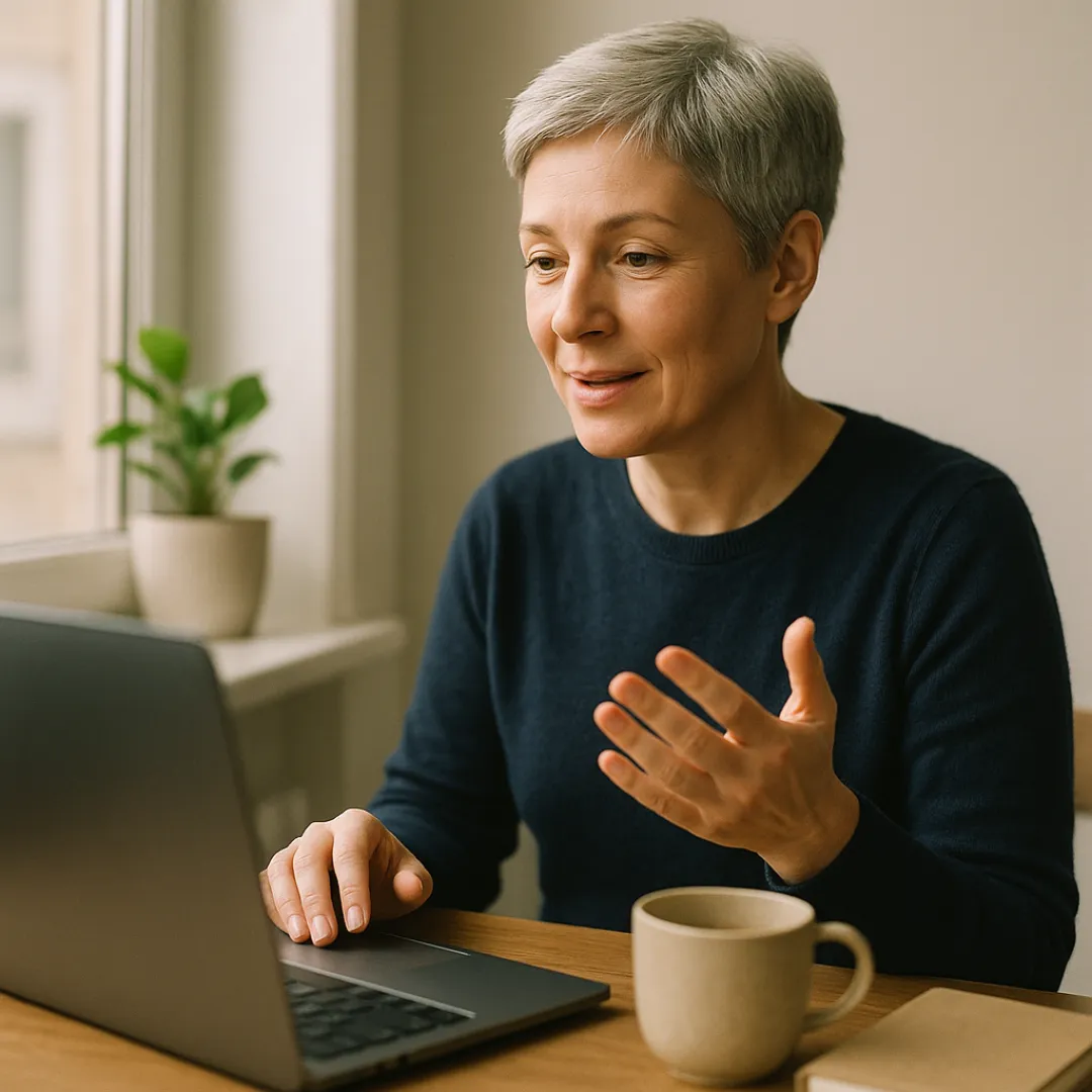A woman in her 40s with short gray hair and a navy sweater at a small desk by a window in the morning, speaking to her laptop with a calm, open expression, a coffee cup beside her