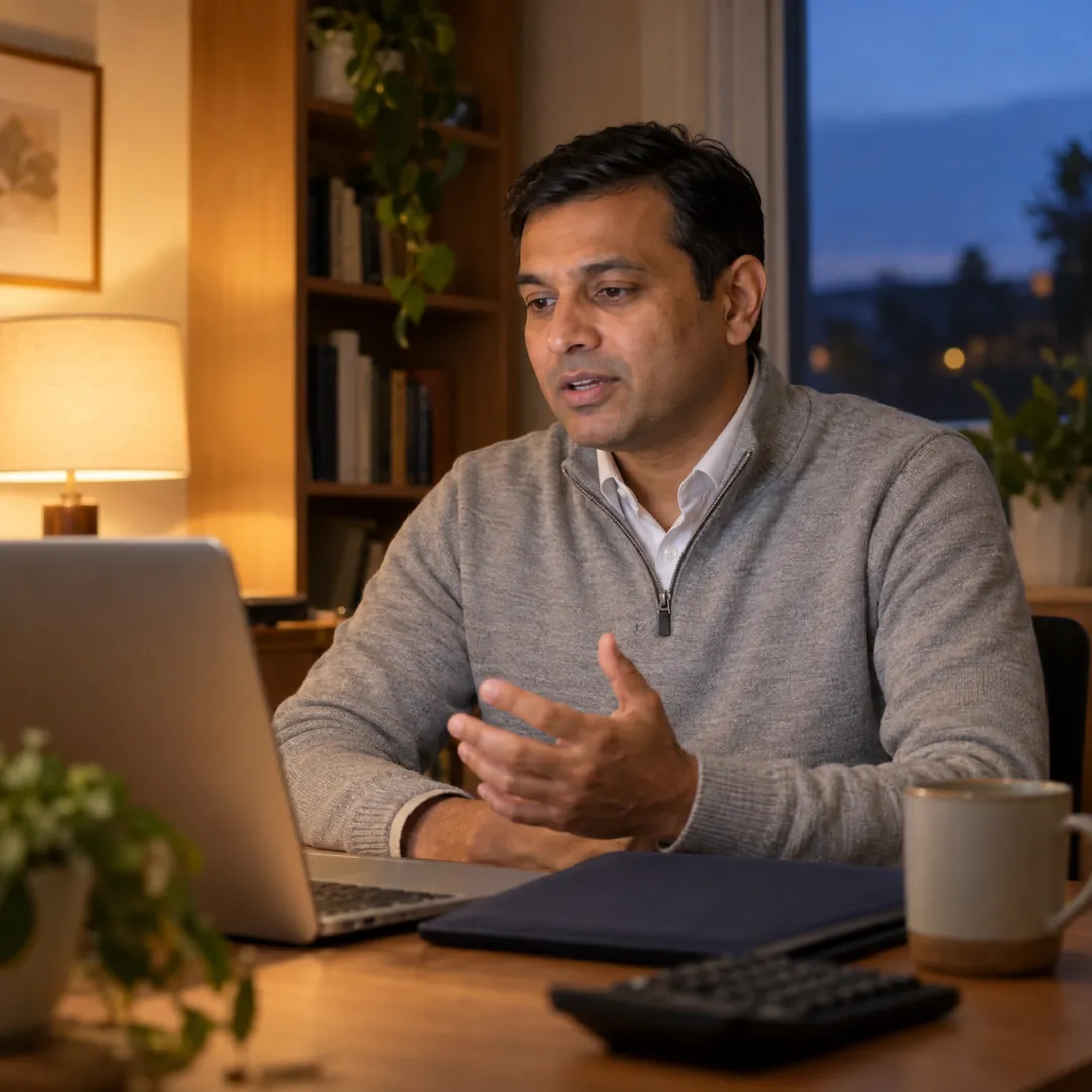 A financial analyst in business casual at his home desk with a calculator and folder, answering an interview question aloud