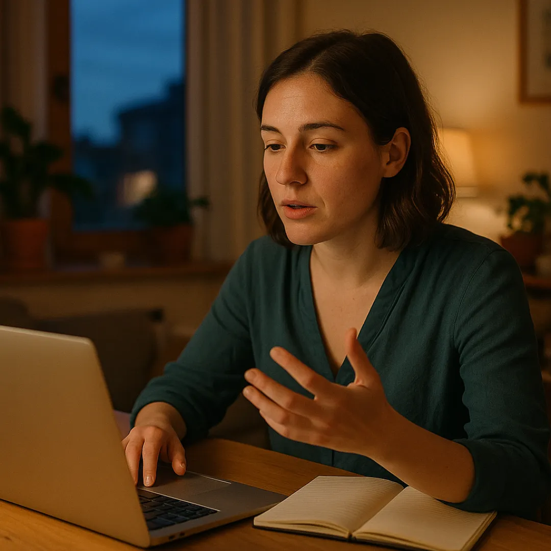A young woman in a teal blouse at a desk by her apartment window at dusk, a notebook open beside her laptop, answering an interview question out loud with a thoughtful expression