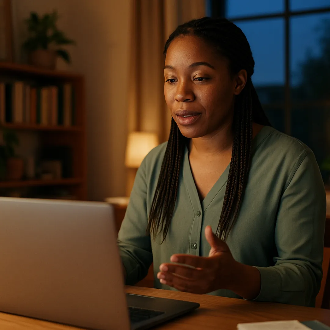 A woman in her 30s with long braids and a sage-green blouse at a home desk by a bookshelf in the evening, telling her laptop about a result with a small, proud smile