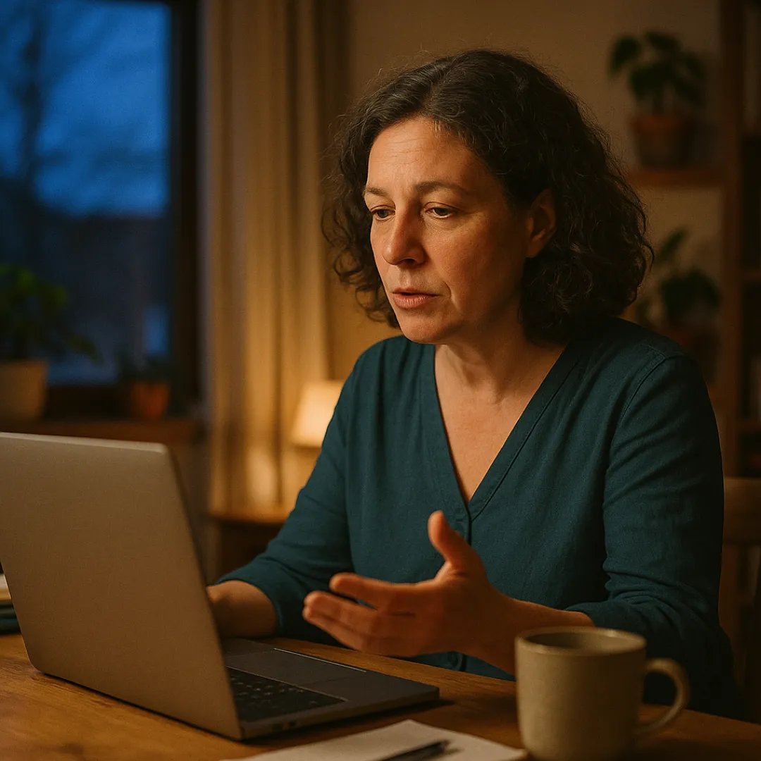 A woman in her 50s with shoulder-length curly hair and a teal blouse at a home office desk in the evening, calmly explaining something out loud to her laptop with one hand open