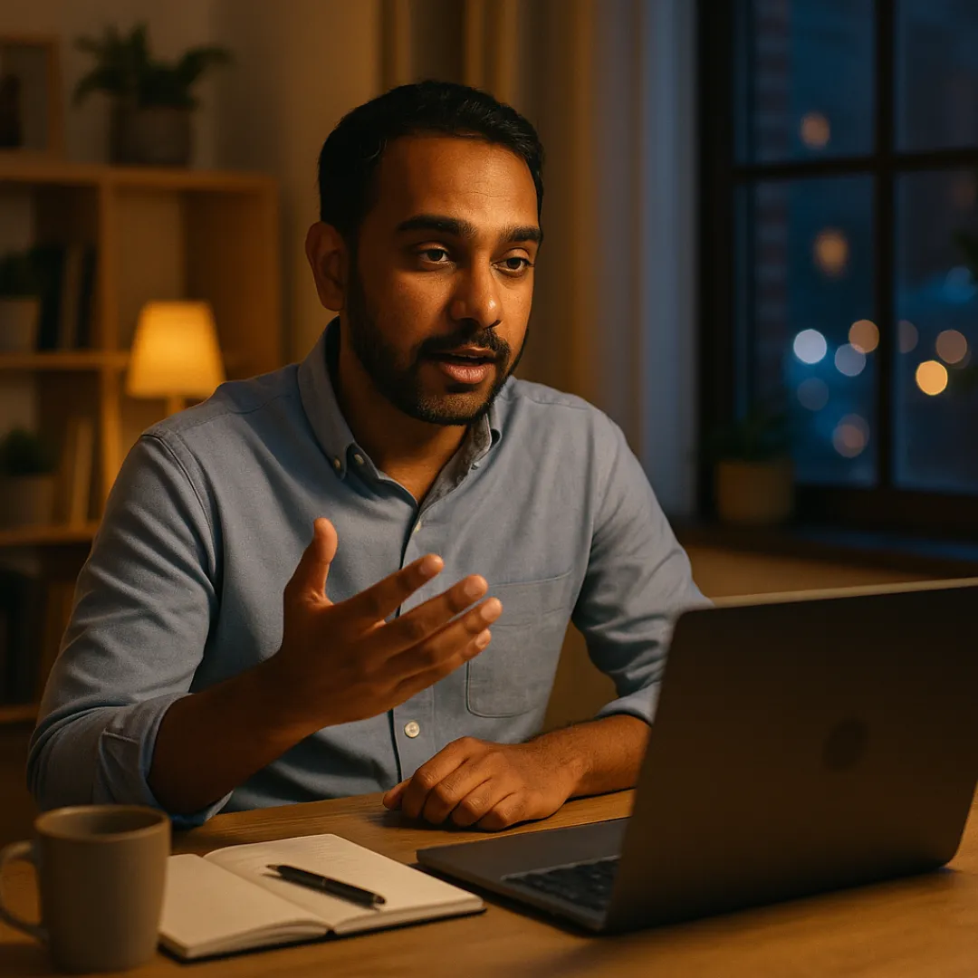 A man in a light blue shirt at his home desk in the evening, mid-answer and gesturing as he practices a hiring manager interview out loud to his laptop