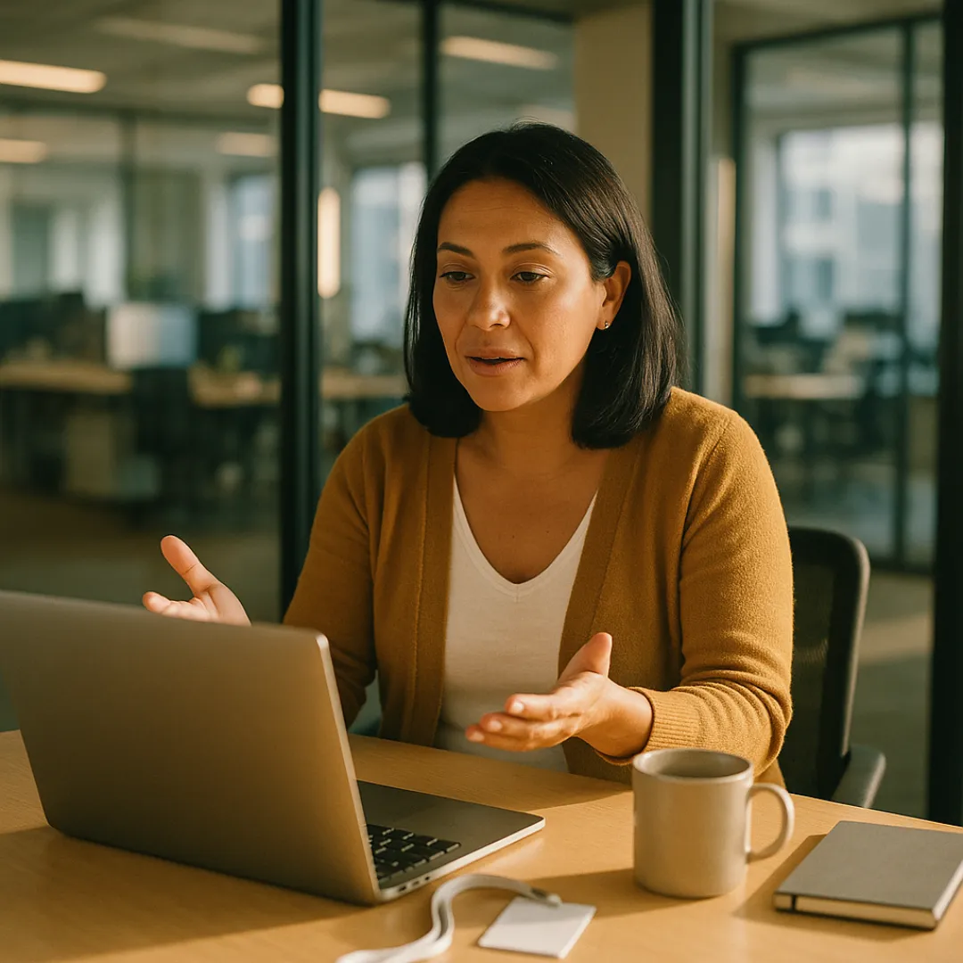 A woman in a mustard cardigan in a glass-walled meeting room at work, her badge on the table, practicing an internal interview answer out loud to her laptop