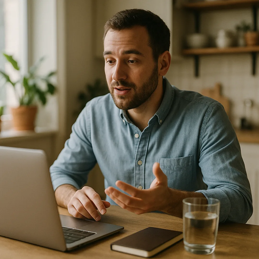 A man in his 30s with a short beard and a blue chambray shirt at a wooden kitchen table, speaking to his laptop and explaining with one hand, a notebook and a glass of water beside him