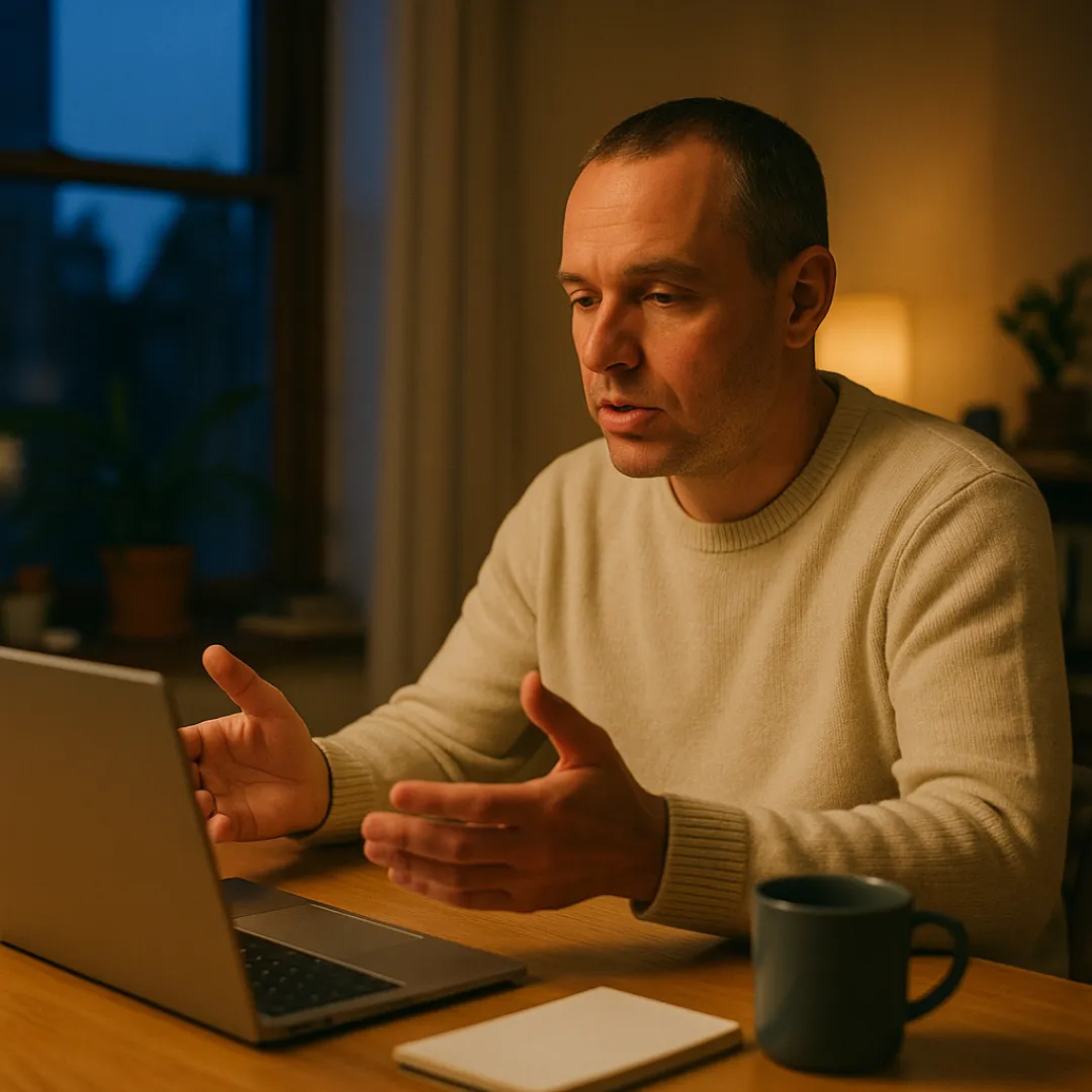 A man in his 40s with close-cropped hair and a cream sweater at his kitchen table in the evening, speaking to his laptop with a calm, focused expression, a notepad beside him