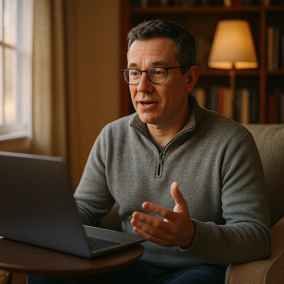 A man in his 40s with glasses and a gray quarter-zip sweater in an armchair at home, explaining an answer to his laptop with one hand, a lamp and bookshelf behind him