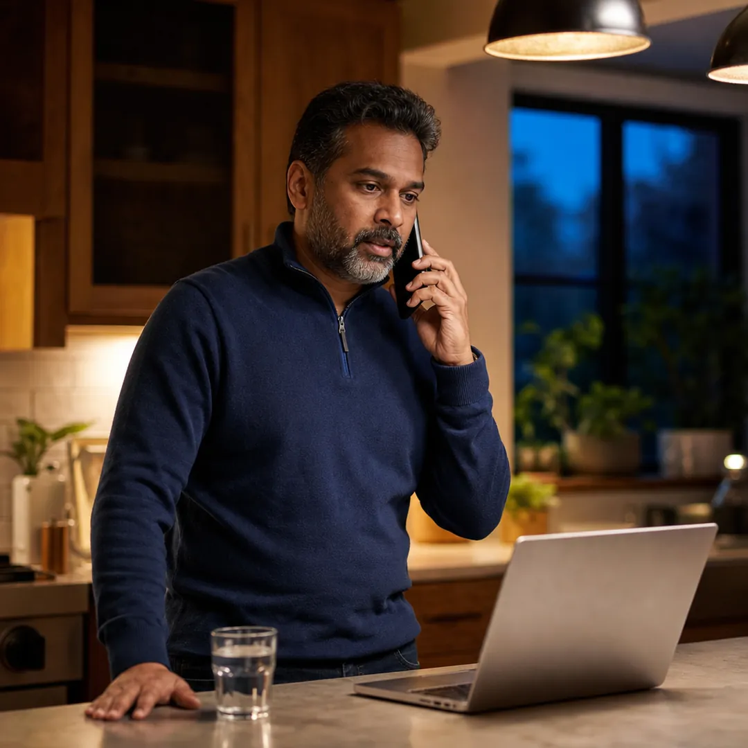 A man in a navy quarter-zip at his kitchen island in the evening, on a phone call, explaining why he is looking for a new job