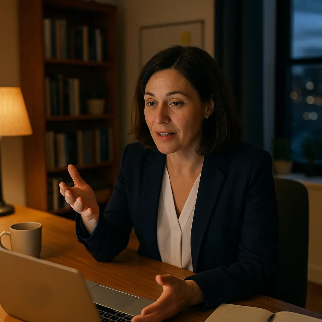 A manager in a navy blazer at her desk in the evening, bookshelf and lamp behind her, answering an interview question to her laptop