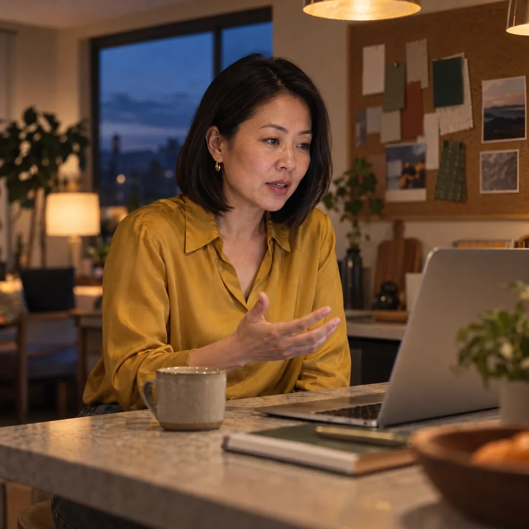 A marketing manager at her kitchen island with a mood board of color swatches behind her, answering an interview question