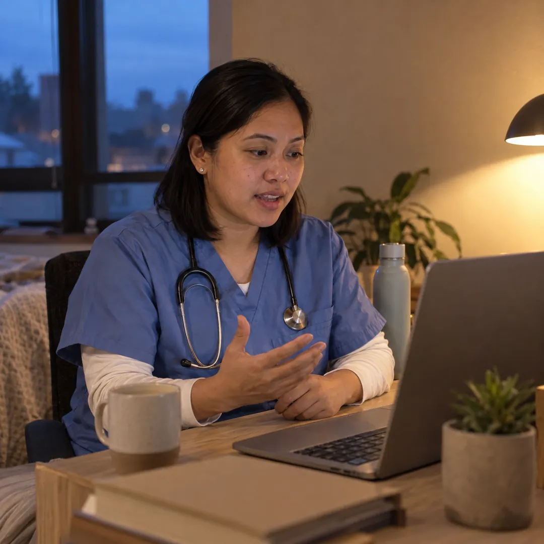 A medical assistant in blue scrubs with a stethoscope at her home desk, answering an interview question to her laptop