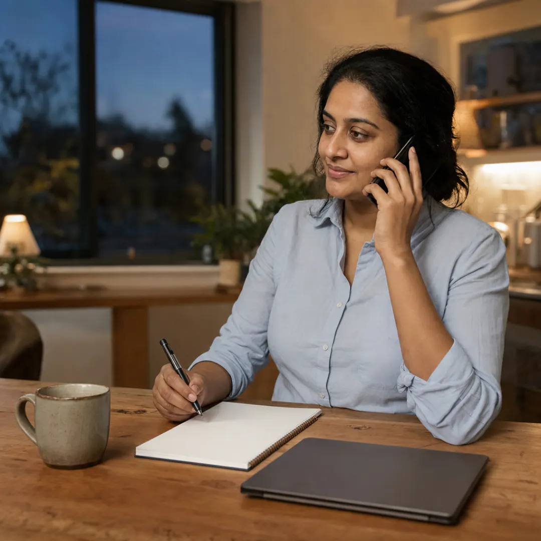 A woman at her kitchen table in the evening, on a phone call about a job offer, pen in hand over a blank notepad, with a mug and a closed laptop beside her