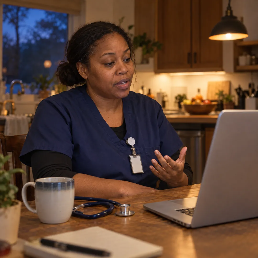 A nurse in navy scrubs at her kitchen table after a shift, answering an interview question to her laptop