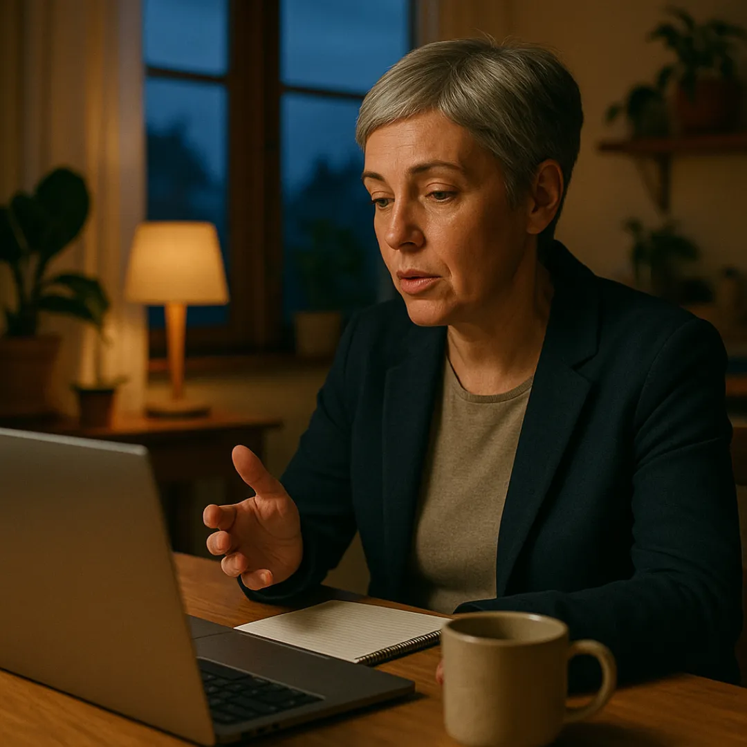 A woman in her 50s with short silver hair and a navy blazer at her kitchen table in the evening, rehearsing an interview answer out loud to her laptop beside a notepad
