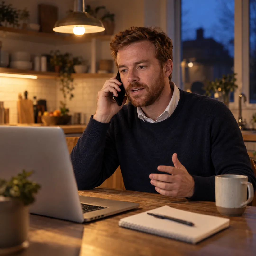 A man on a phone screen call with a recruiter at his kitchen table, a notepad beside his laptop