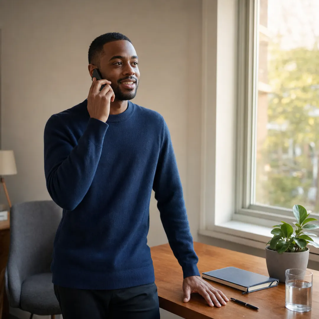 A man standing by a sunny window in his home office, smiling as he talks on a phone call, one hand on the desk beside a notebook, a pen and a glass of water