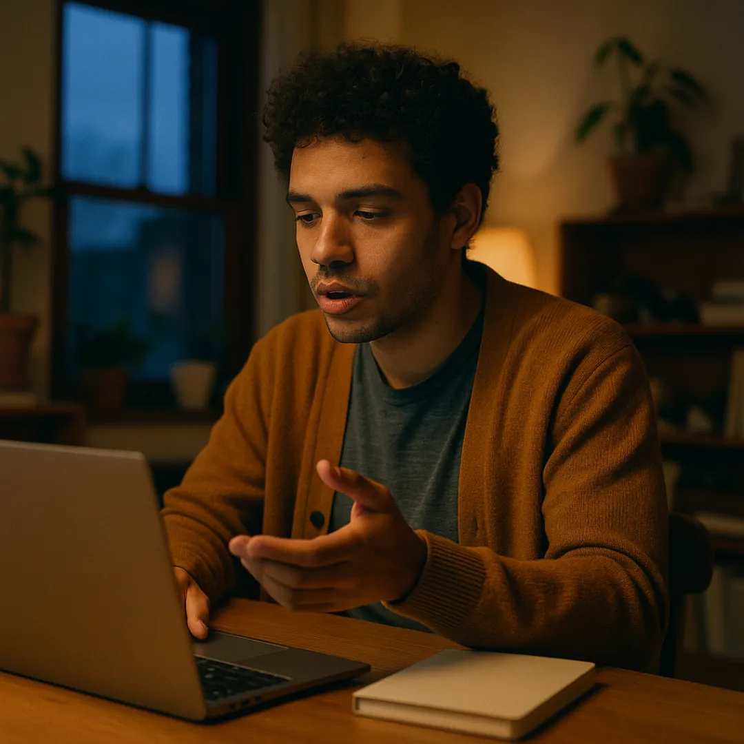 A young man with curly hair and a mustard cardigan at his dining table in the evening, answering an interview question out loud to his laptop, one hand mid-gesture, a notebook beside him