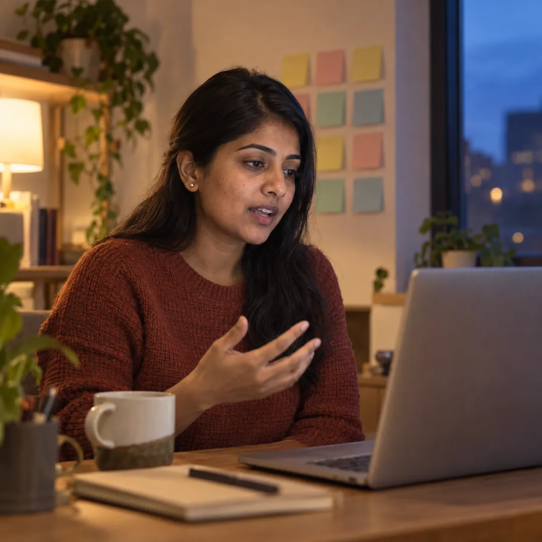A product manager in her home office, sticky notes on the wall, answering an interview question to her laptop