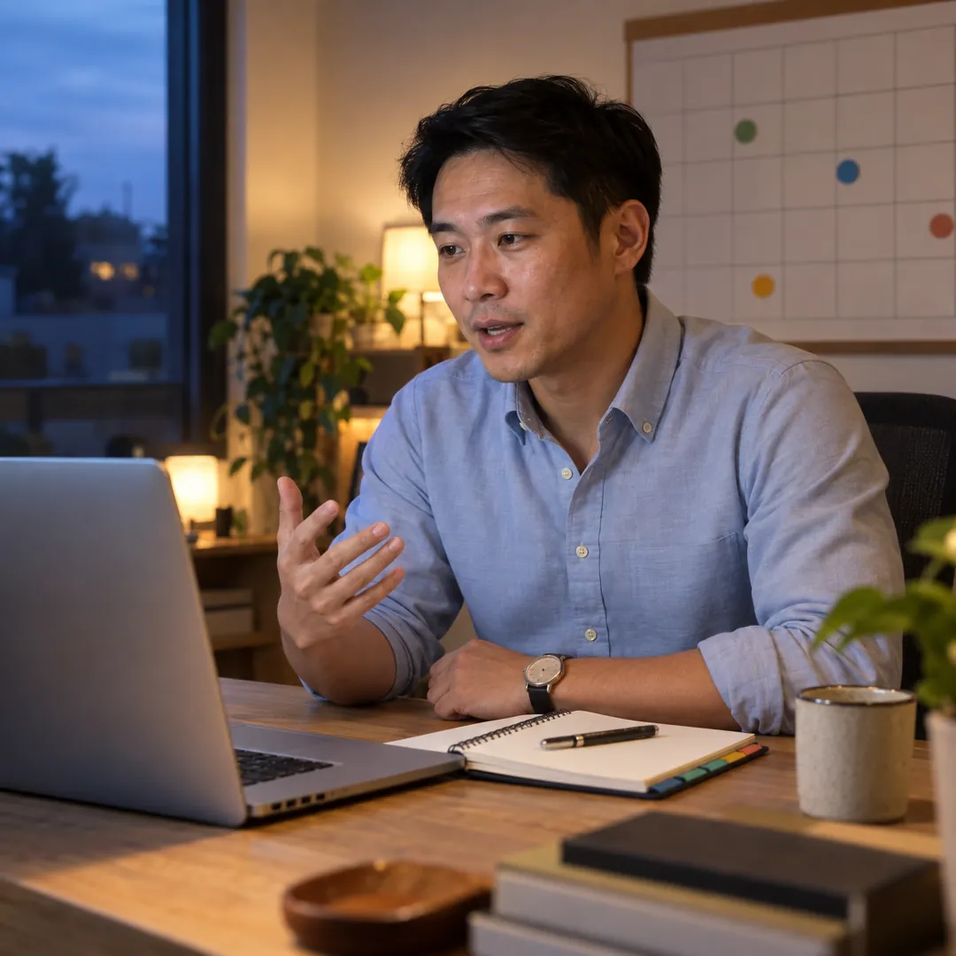 A project manager at his home desk with a paper planner and wall calendar, practicing an interview answer aloud