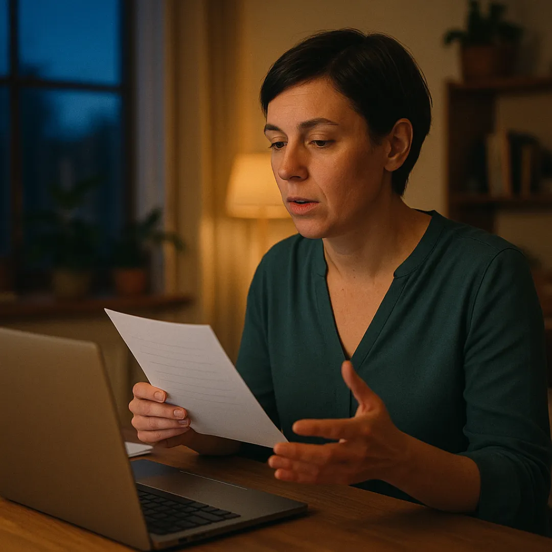 A woman in her late 30s with short dark hair and a teal blouse at her home desk in the evening, holding a one-page summary as she practices out loud to her laptop