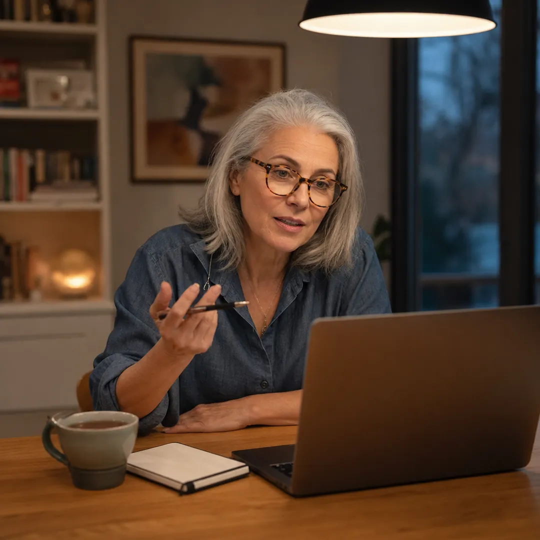 A woman with silver hair and tortoiseshell glasses at her dining table, pen in hand, asking a question during an interview on her laptop