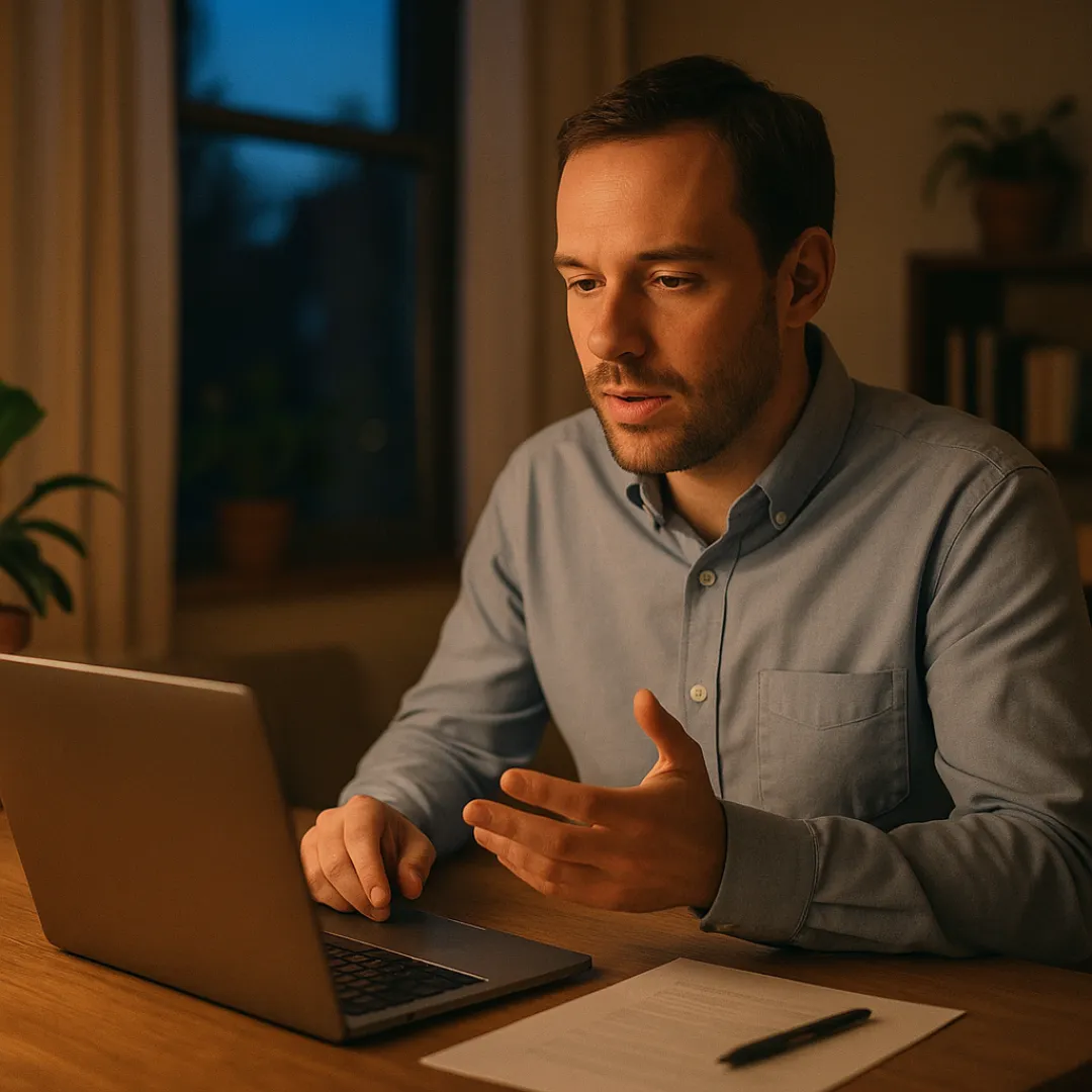 A man at his home desk in the evening, rehearsing out loud to his laptop with one hand raised mid-sentence, a page of notes and a pen beside it
