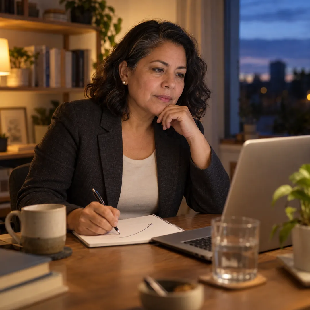 A woman in a blazer at her home desk, pen on a notepad, thoughtfully preparing for a salary conversation