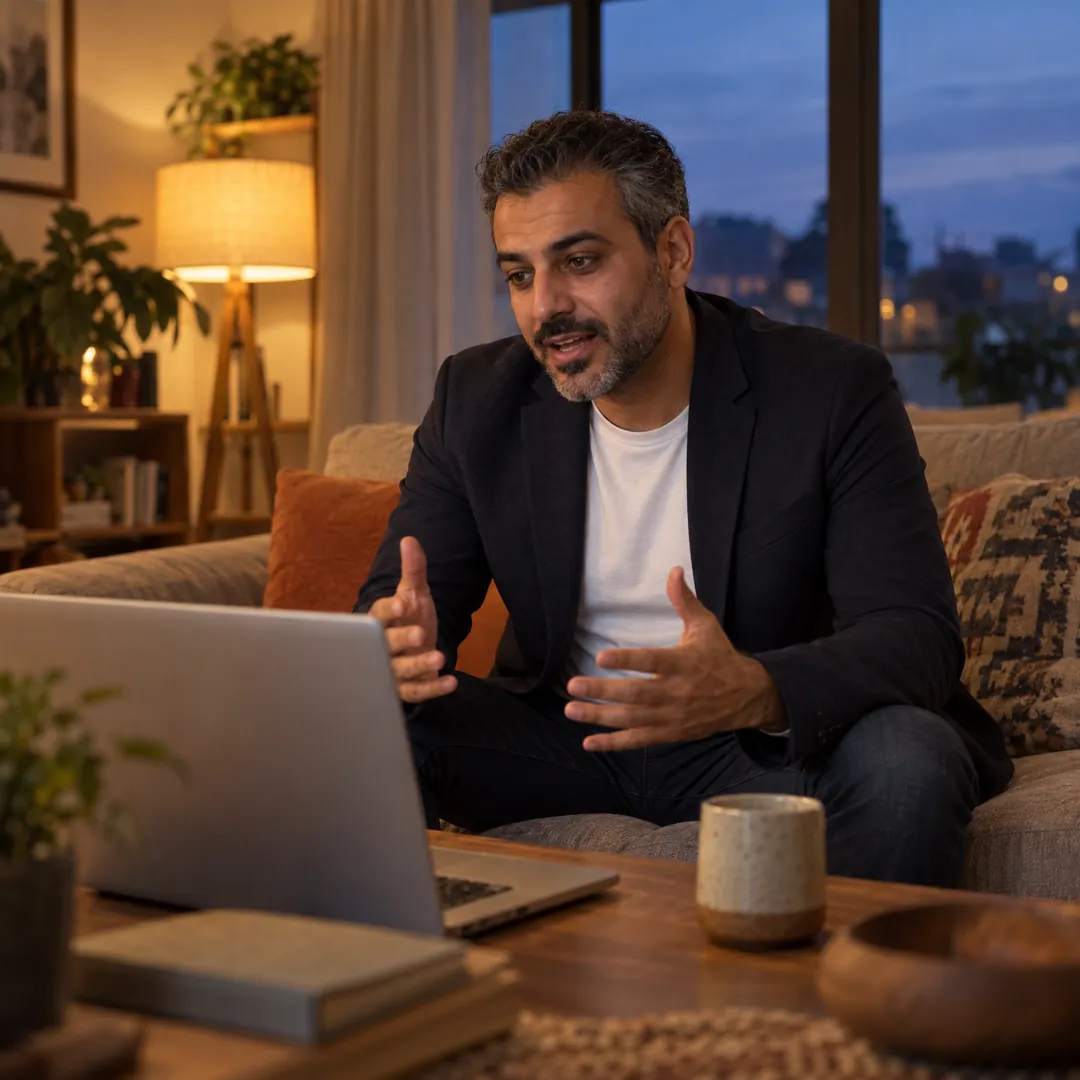 A salesperson in a blazer on his sofa, energetically answering an interview question to his laptop on the coffee table