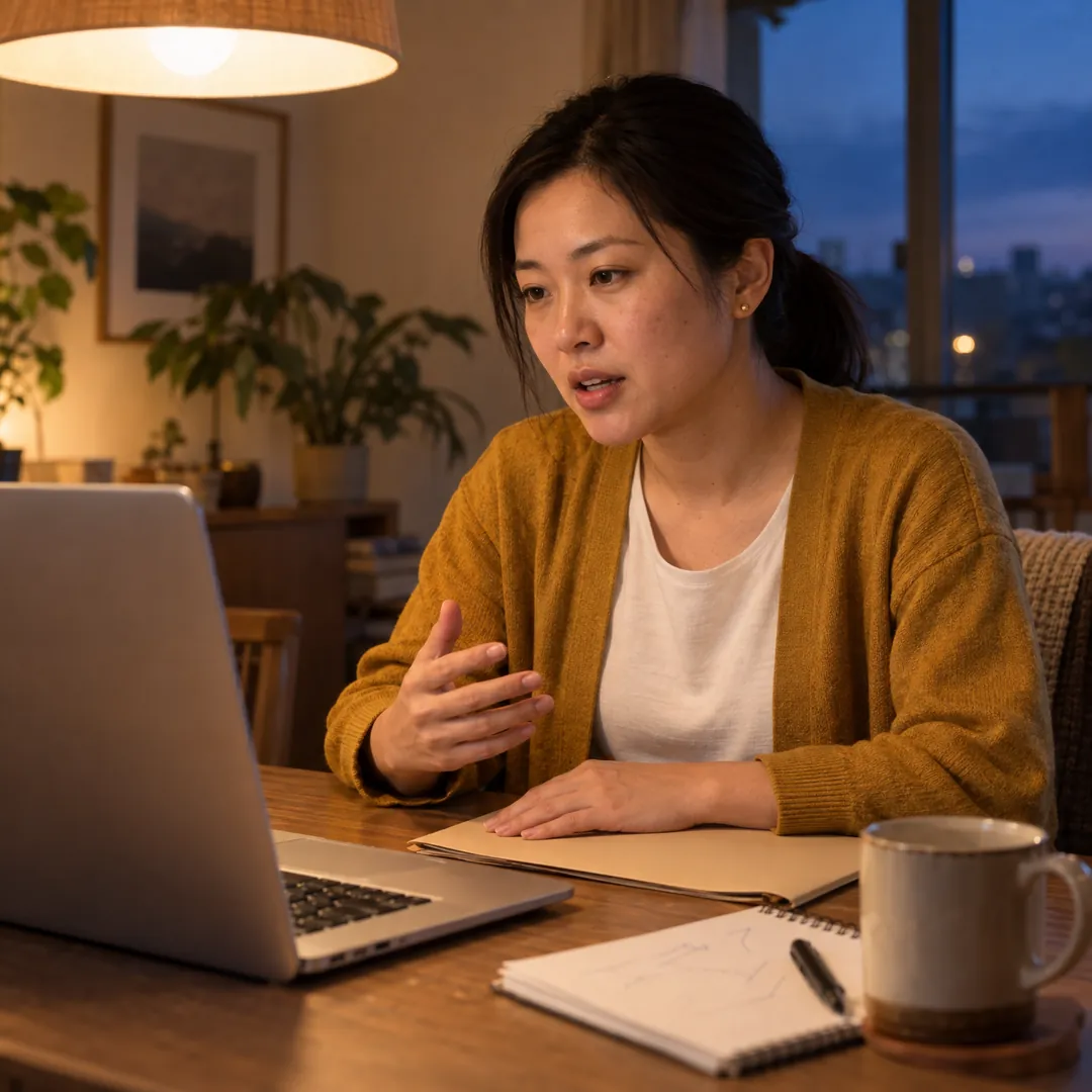 A woman in a mustard cardigan at her dining table, answering a second-round interview question on her laptop
