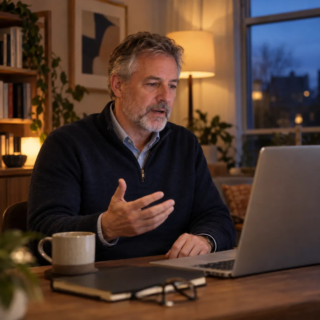 A man with a gray beard rehearsing an interview answer out loud to his laptop at a home desk in the evening
