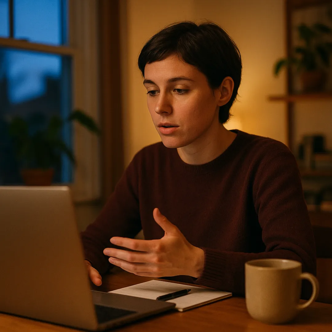A young woman with short dark hair and a burgundy sweater at her kitchen table in the evening, thinking through a problem out loud to her laptop, a pen resting on a blank notepad