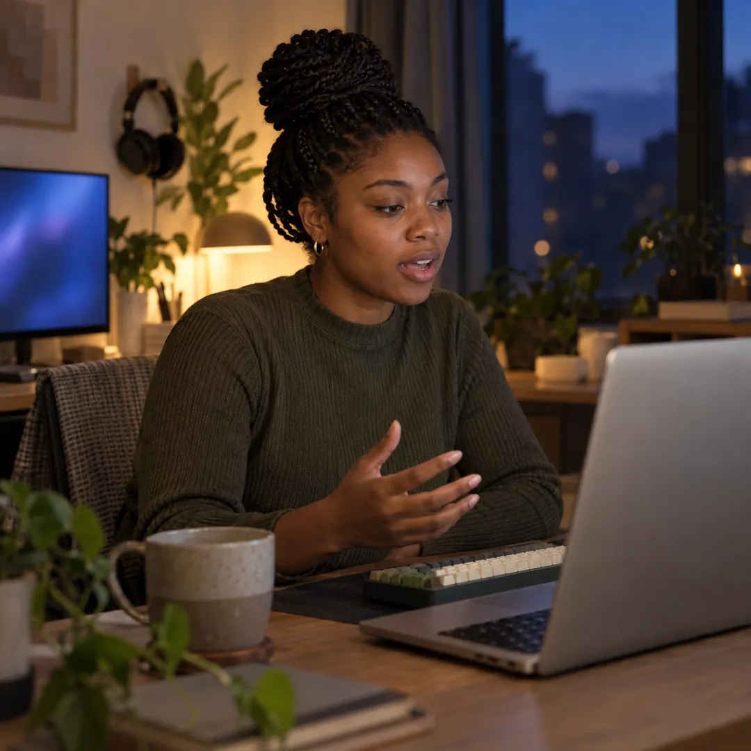 A software engineer at her home desk with a mechanical keyboard and second monitor, answering an interview question out loud
