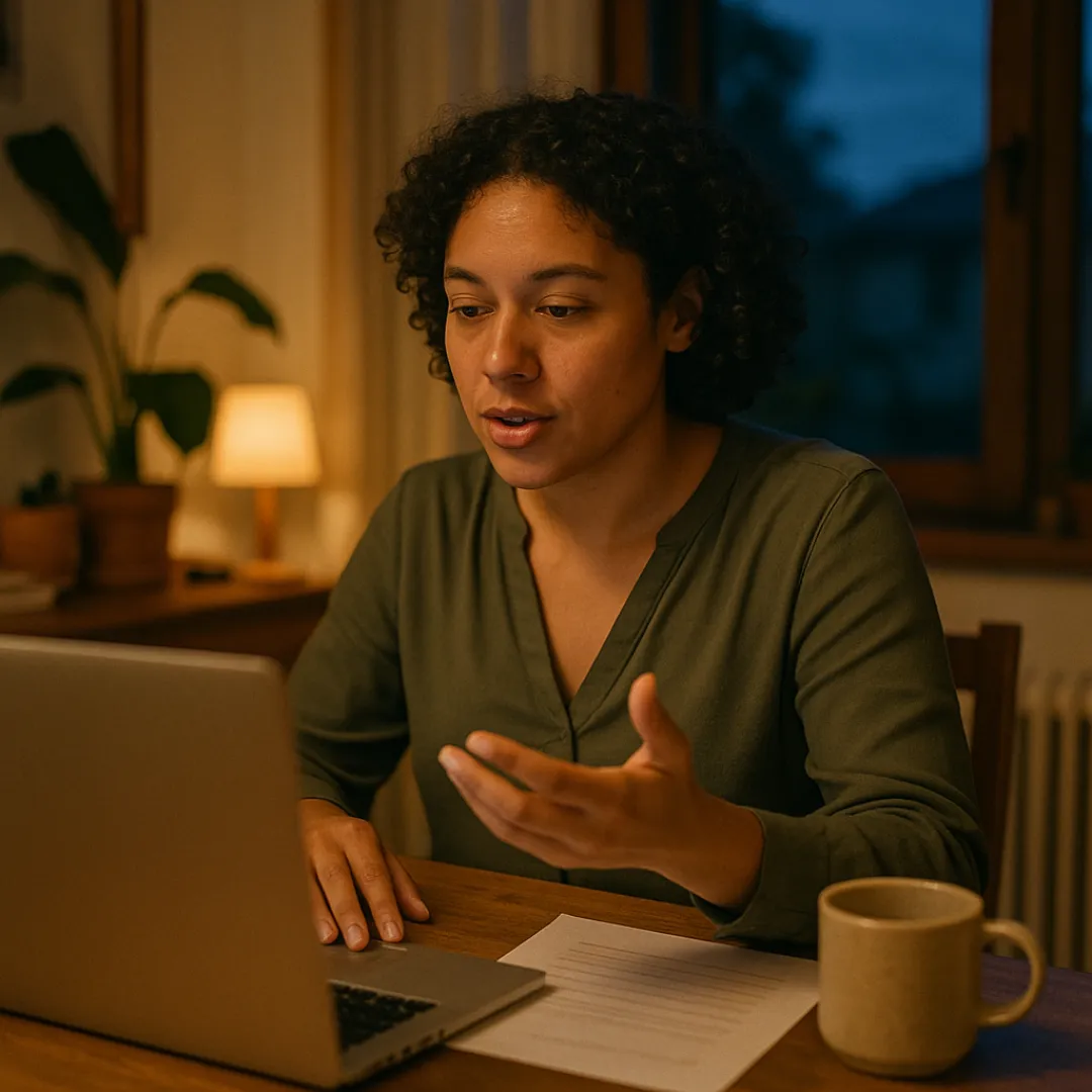 A woman in her late 20s with curly hair and a green blouse at her desk in the evening, smiling slightly as she answers a question on her laptop, a printed job posting beside her