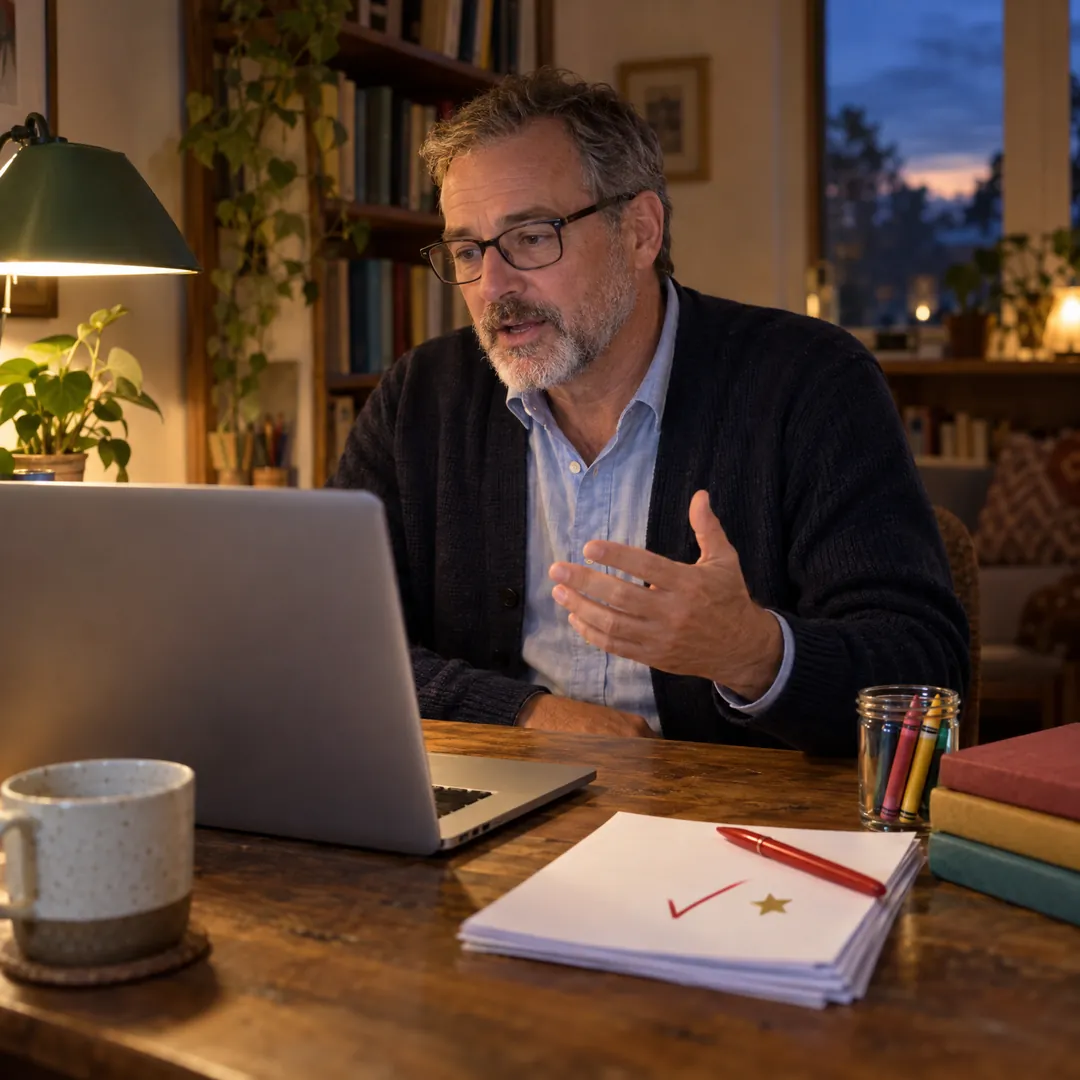 A teacher at his home desk beside graded papers and crayons, answering an interview question out loud to his laptop
