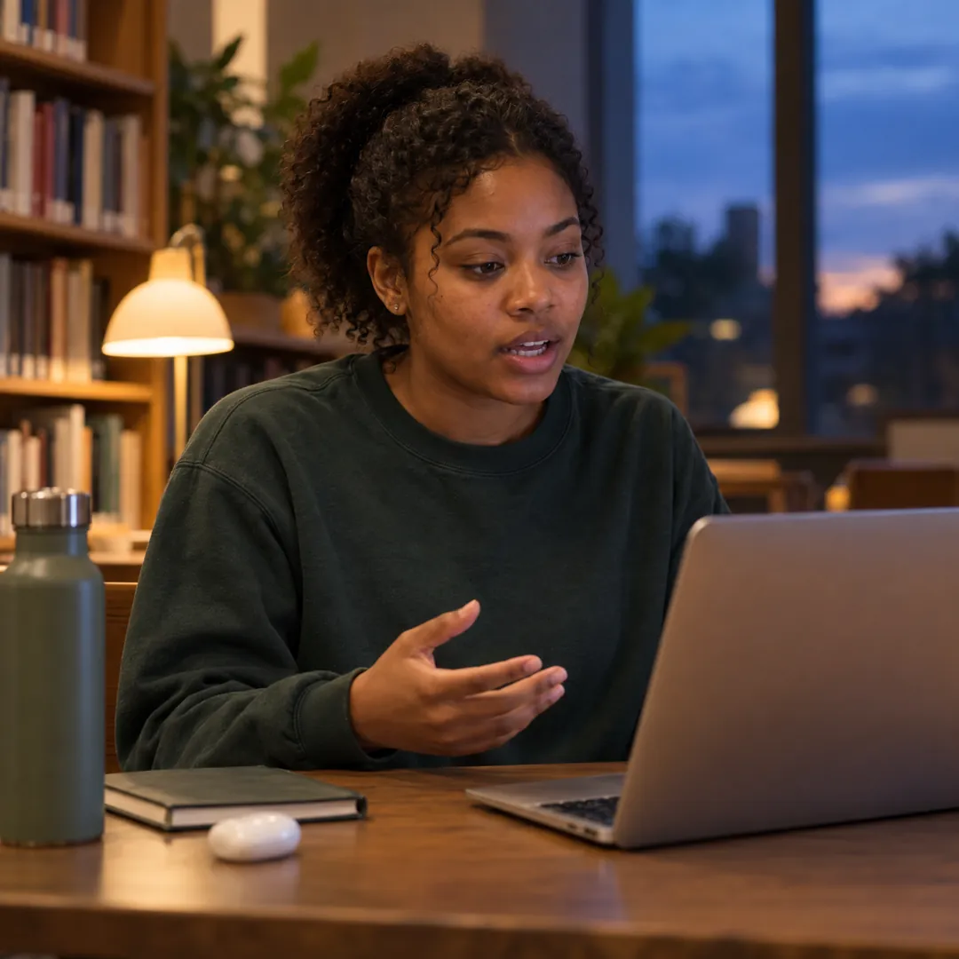 A college student practicing an interview answer out loud to her laptop in a library study room at dusk