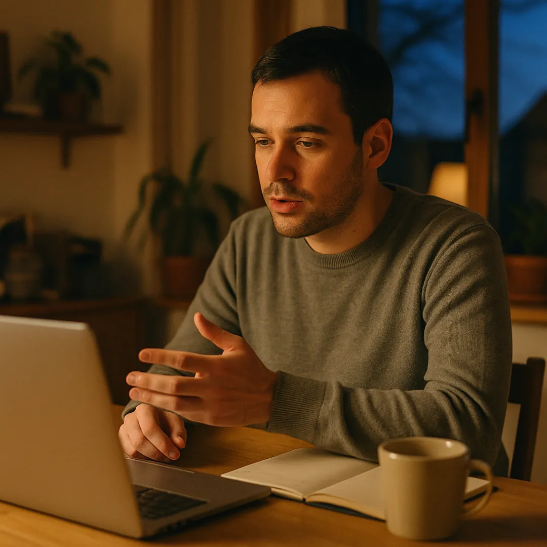 A man in his 30s with short dark hair and a gray sweater at his kitchen table in the evening, pausing to think before he answers a question on his laptop, a notebook open beside him