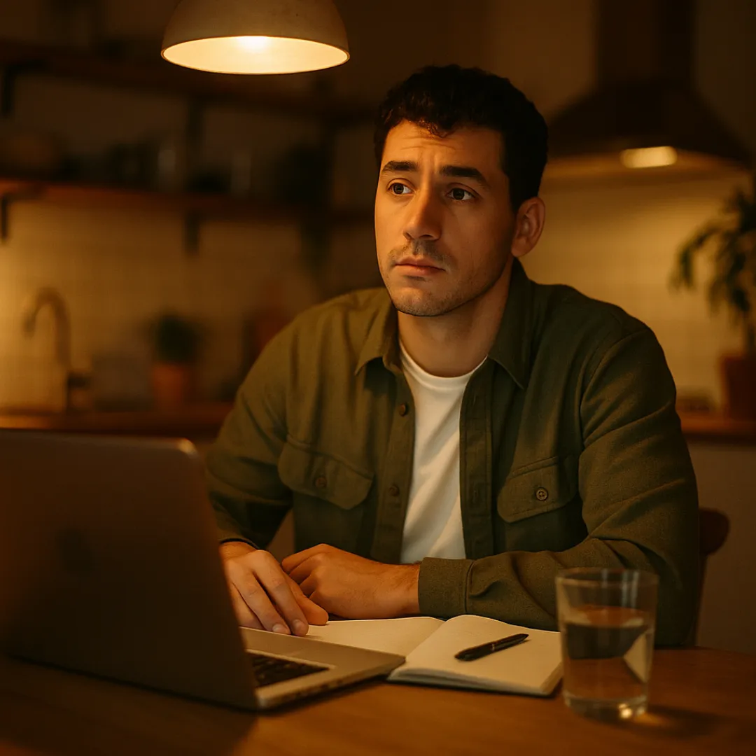 A man in his late 20s with short curly hair and a green overshirt at a kitchen table in the evening, pausing mid-answer to his laptop with a thoughtful expression, a notebook open in front of him