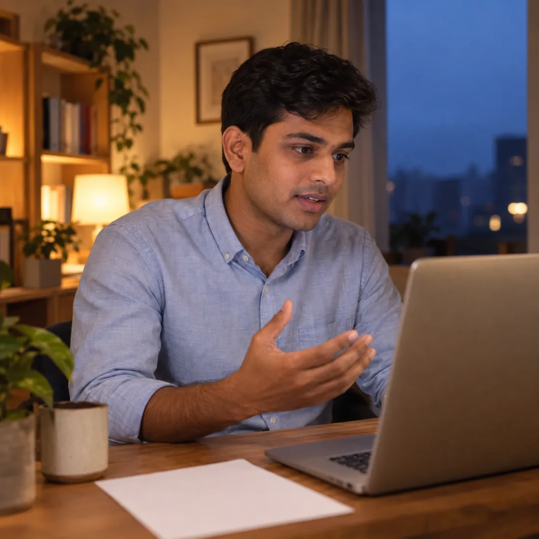 A man in a blue oxford shirt at his desk at dusk, making his case to the interviewer on his laptop
